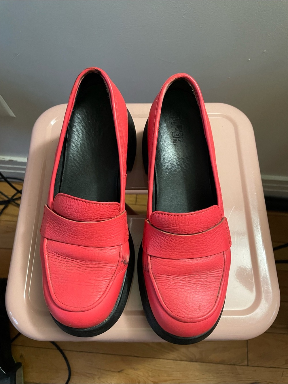 Camper Red Leather Penny Loafers